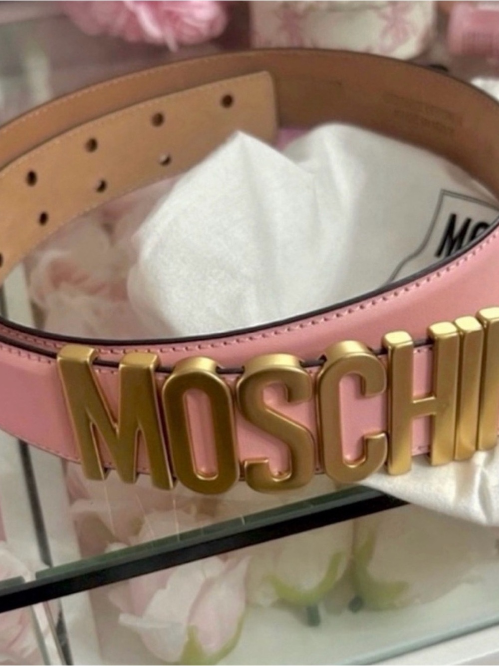 Moschino Pink Leather Belt with Gold Logo Buckle - Picture 2 of 3